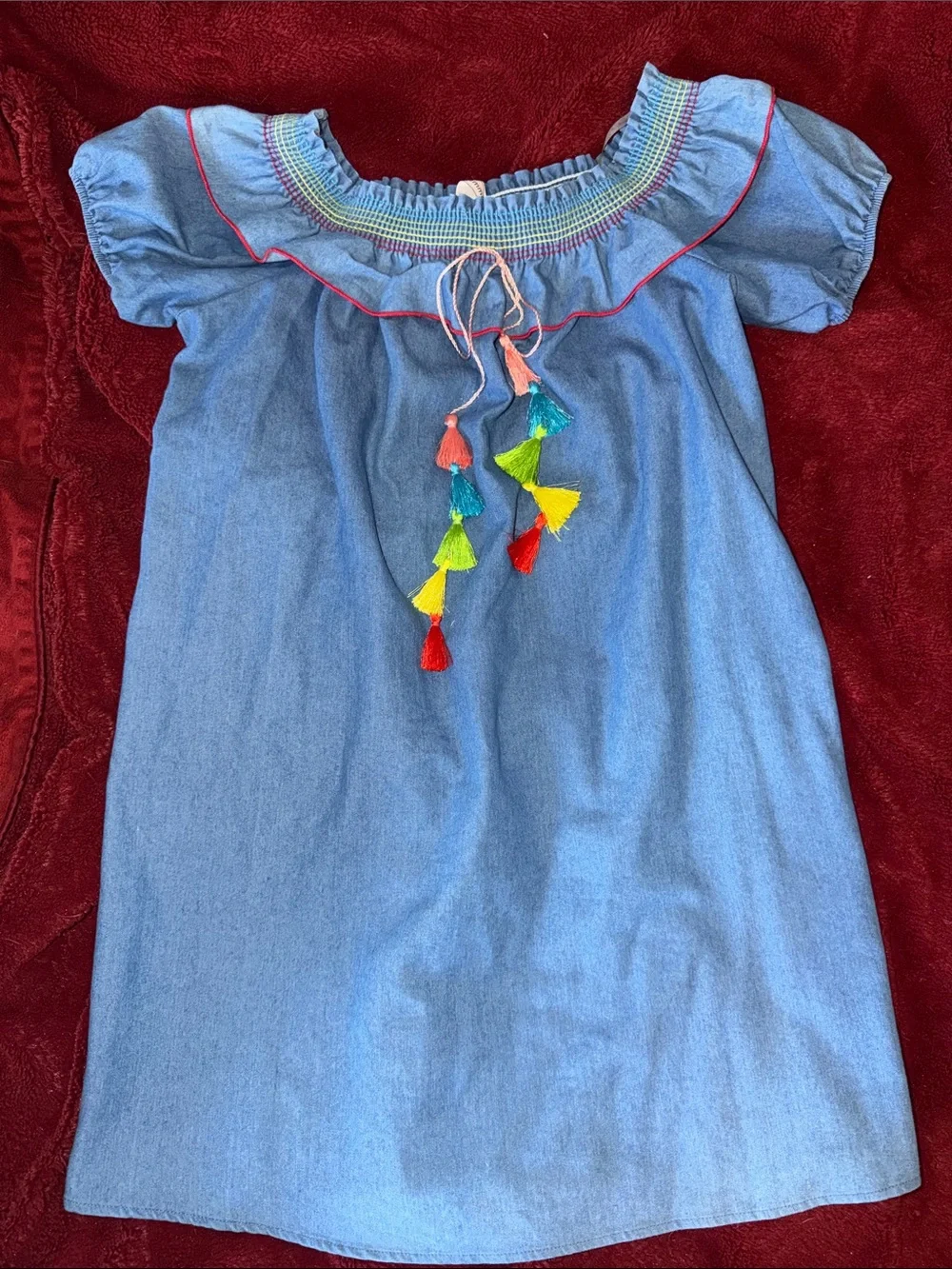 Ces Femme Light Blue Chambray Mini Dress with Multicolor Tassels